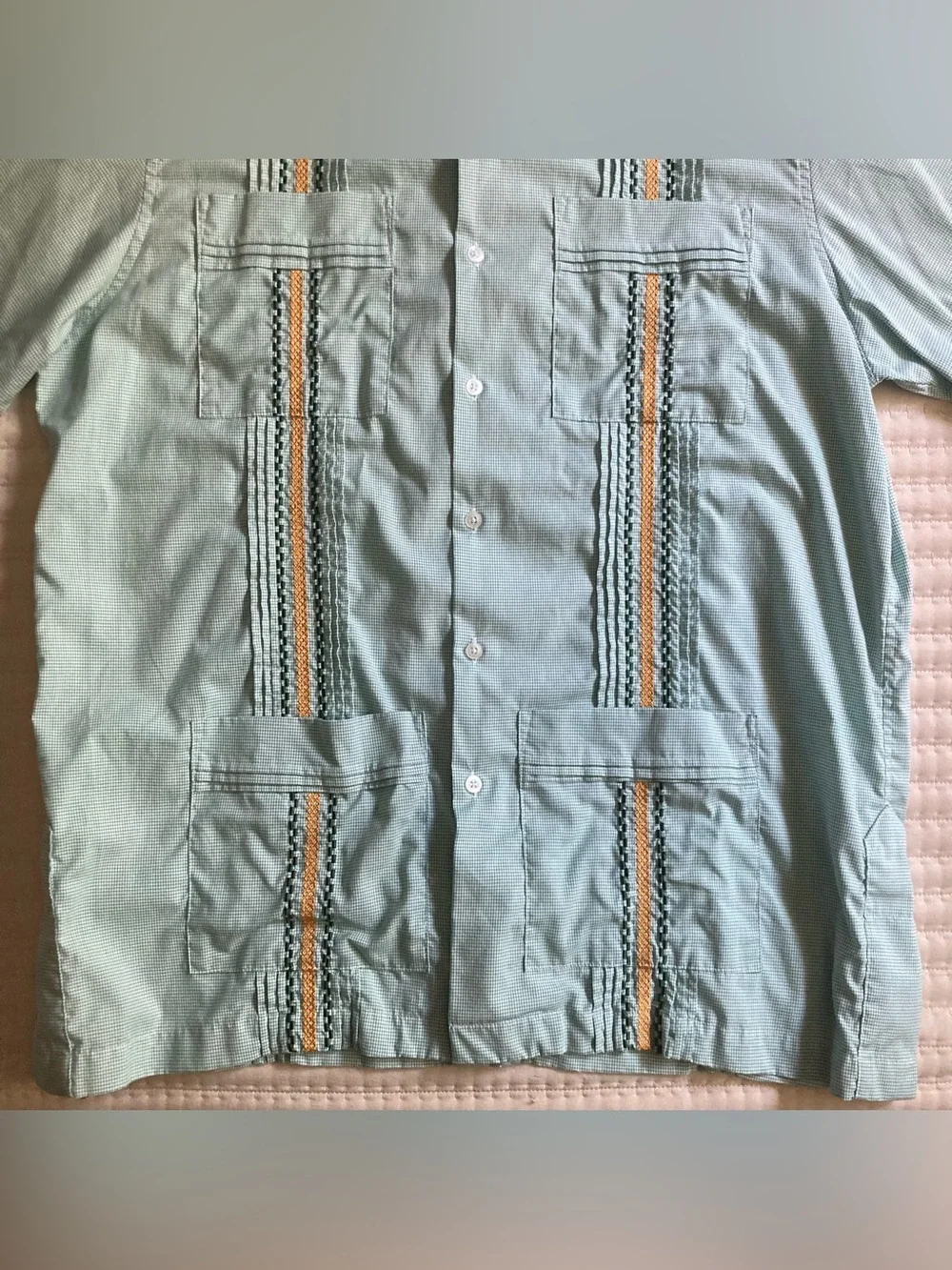 San Cristobal Guayabera Shirt Men’s Large White Green Yellow 100% Cotton